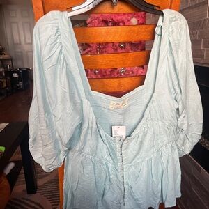 Urban Outfitters Blue Puff Sleeve Blouse with Bib Collar and Ruched Peplum